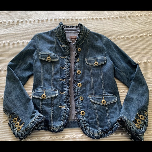 Anthropologie Louie Jackets & Blazers - Anthropologie Denim Jacket with Ruffle Trim Sz 10